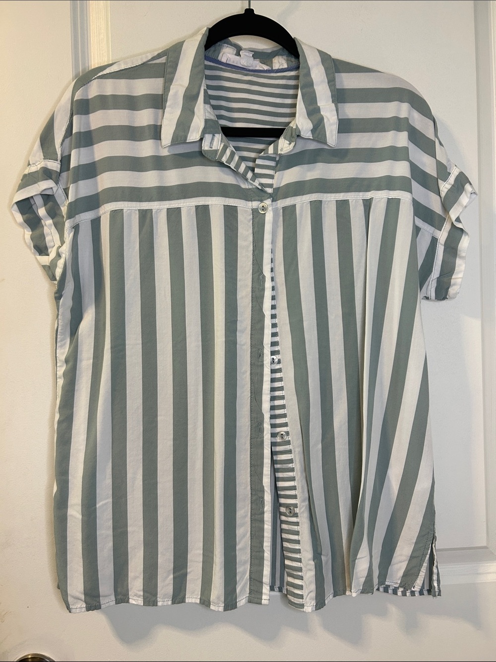Jane and Delancey Sage and White Striped Button-Up Top